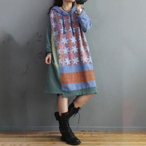 Folk Printed Hooded Sweatshirt Dress Cotton Long Sleeve Short Dress