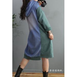 Folk Printed Hooded Sweatshirt Dress Cotton Long Sleeve Short Dress