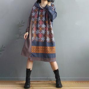 Folk Printed Hooded Sweatshirt Dress Cotton Long Sleeve Short Dress