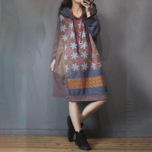 Folk Printed Hooded Sweatshirt Dress Cotton Long Sleeve Short Dress