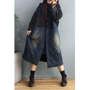 Blue and Black Hooded Denim Coat Plus Size Light Wash Jean Coat