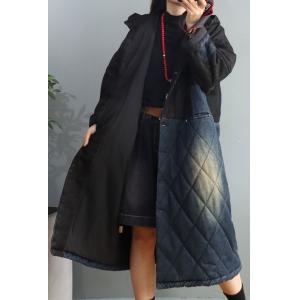 Blue and Black Hooded Denim Coat Plus Size Light Wash Jean Coat