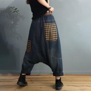Gingham Pockets Quilted Harem Pants Winter Cuffed Jeans