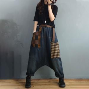 Gingham Pockets Quilted Harem Pants Winter Cuffed Jeans