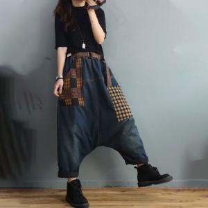 Gingham Pockets Quilted Harem Pants Winter Cuffed Jeans