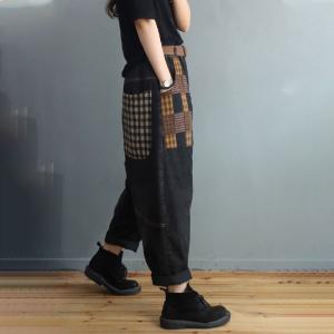 Gingham Pockets Quilted Harem Pants Winter Cuffed Jeans