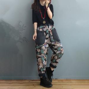 Dense Floral Fleeced Tapered Pants 90s Relaxed Mom Jeans