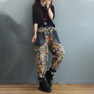 Dense Floral Fleeced Tapered Pants 90s Relaxed Mom Jeans