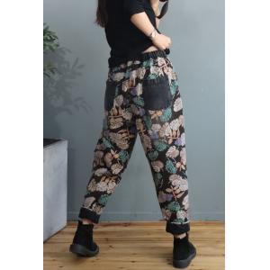 Dense Floral Fleeced Tapered Pants 90s Relaxed Mom Jeans