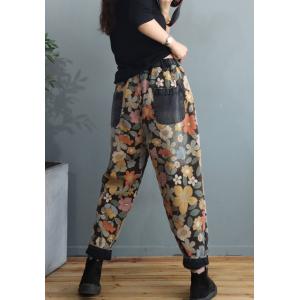 Dense Floral Fleeced Tapered Pants 90s Relaxed Mom Jeans