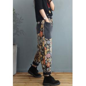Dense Floral Fleeced Tapered Pants 90s Relaxed Mom Jeans