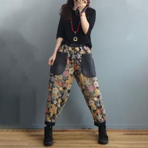 Dense Floral Fleeced Tapered Pants 90s Relaxed Mom Jeans