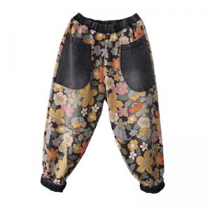 Dense Floral Fleeced Tapered Pants 90s Relaxed Mom Jeans