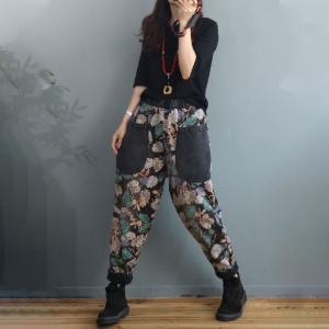 Dense Floral Fleeced Tapered Pants 90s Relaxed Mom Jeans