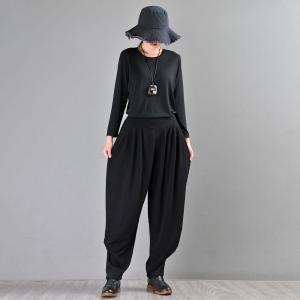 Jacquard Weave Black Tapered Pants Loose Comfy Designer Draped Pants