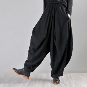 Thick Cotton Linen Black Resort Wear Large Yoga Genie Pants