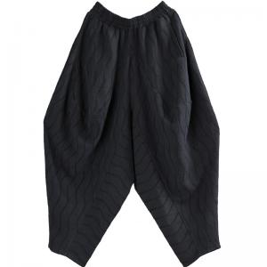 Cotton Linen Jacquard Genie Pants Womens Black Low Crotch Pants