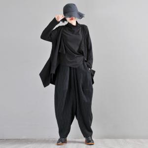 Cotton Linen Jacquard Genie Pants Womens Black Low Crotch Pants