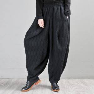 Cotton Linen Jacquard Genie Pants Womens Black Low Crotch Pants