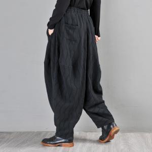 Cotton Linen Jacquard Genie Pants Womens Black Low Crotch Pants