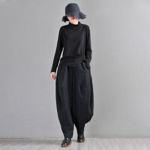 Cotton Linen Jacquard Genie Pants Womens Black Low Crotch Pants