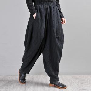 Cotton Linen Jacquard Genie Pants Womens Black Low Crotch Pants