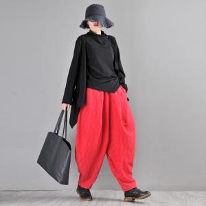 Jacquard Red Carrot Pants Cotton Linen Loose Elephant Pants