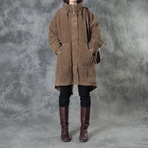 Fleeced Lining Long Tan Corduroy Jacket Midi Winter Coat