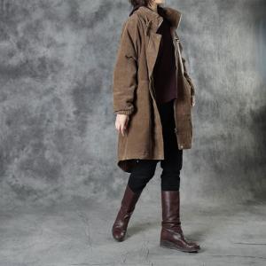 Fleeced Lining Long Tan Corduroy Jacket Midi Winter Coat