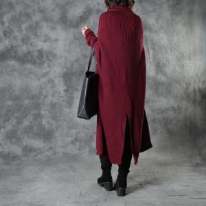 Long Sleeve Loose Turtleneck Sweater Dress Burgundy Poncho Dress