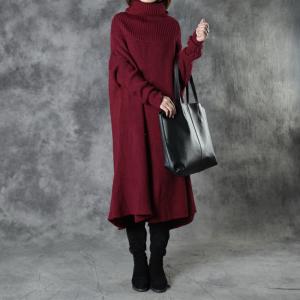 Long Sleeve Loose Turtleneck Sweater Dress Burgundy Poncho Dress