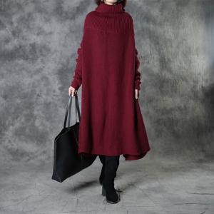 Long Sleeve Loose Turtleneck Sweater Dress Burgundy Poncho Dress