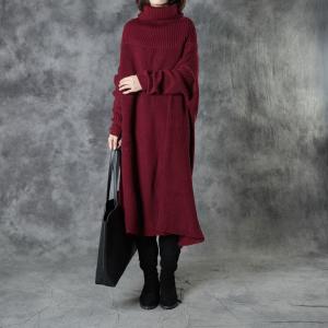 Long Sleeve Loose Turtleneck Sweater Dress Burgundy Poncho Dress