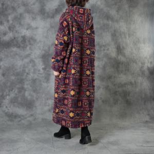 Colorful Printed Long Hooded Coat Loose Thick Sherpa Winter Coat