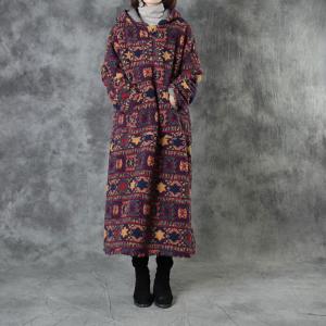 Colorful Printed Long Hooded Coat Loose Thick Sherpa Winter Coat
