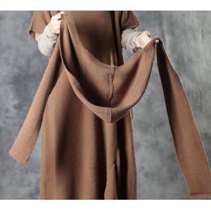 Asymmetrical Camel Sweater Dress Short Sleeve Knit Dress with Shawl