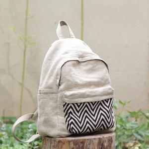 Wave Printed Cotton Linen Backpacks Preppy Style Beige Backpack