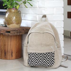 Wave Printed Cotton Linen Backpacks Preppy Style Beige Backpack