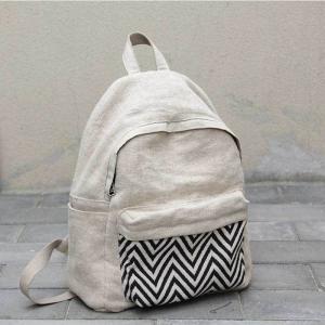 Wave Printed Cotton Linen Backpacks Preppy Style Beige Backpack