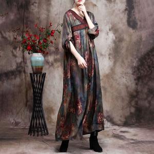 V-Neck Red Printed Chinese Dress Loose Silky Traditional Dress