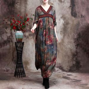 V-Neck Red Printed Chinese Dress Loose Silky Traditional Dress