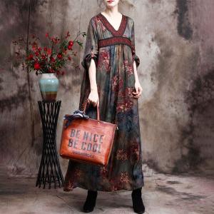 V-Neck Red Printed Chinese Dress Loose Silky Traditional Dress