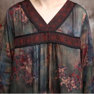 V-Neck Red Printed Chinese Dress Loose Silky Traditional Dress