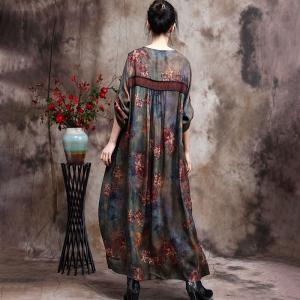 V-Neck Red Printed Chinese Dress Loose Silky Traditional Dress