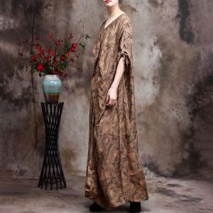 Empire Waist V-Neck Silk Dress Printed Draped Islamic Dress