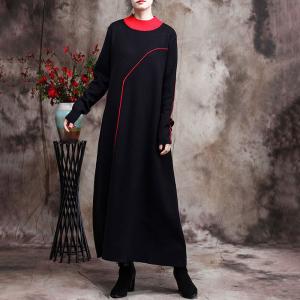 Contrast Color Mock Neck Loose Dress Plain Relax-Fit Dress