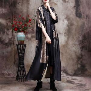 Chinese Characters Printed Black Long Shirt / Cardigan