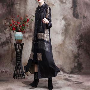 Chinese Characters Printed Black Long Shirt / Cardigan