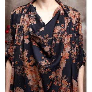 Half Sleeve Draped Collar Maxi Dress Silk Floral Modest Clothing
