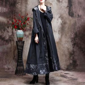 Lace Embroidery Plus Size Trench Coat Front Zip Hooded Coat